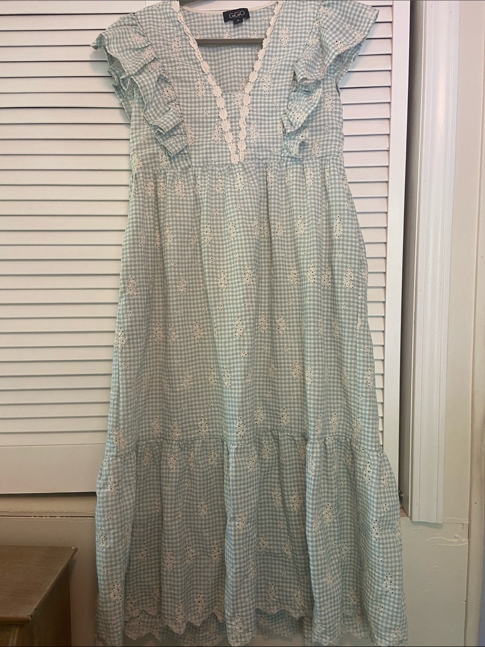GiGiO Prarie Ginham Print Foral Embroidered Midi Dress Sage Green/White M
